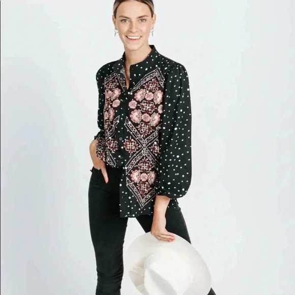 Piper and Scoot Janae Spotted Embroidered Blouse in Black - Picture 2 of 3